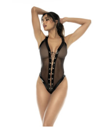 Bodystring Willa noir en vinyl et tulle avec laçage sur le devant - MAL2757GLBK
